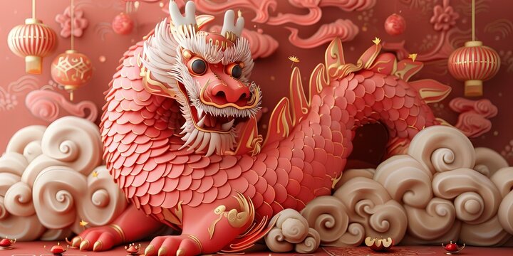 A 3D rendering of a pink dragon with white clouds and red lanterns in the background.
