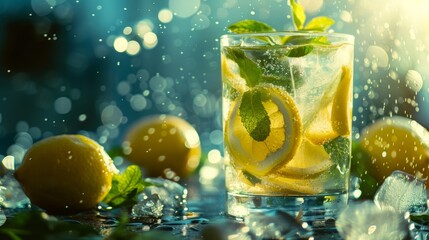 A conceptual photo of a refreshing glass of lemonade garnished with lemon slices and mint leaves, symbolizing summer vibes and cool refreshment on a hot day