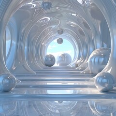 Futuristic tunnel with glowing blue spheres