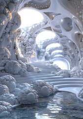 Futuristic organic architecture interior with a water stream running through it