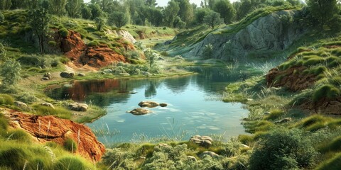 Fototapeta premium Rocky valley with a river flowing through it