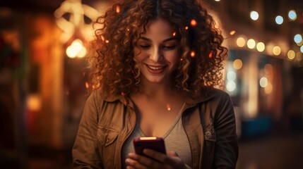 A woman with curly hair is smiling while looking at her cell phone. Concept of happiness and contentment as the woman enjoys her time on her phone