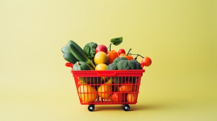 A red shopping cart filled with fruits and vegetables. The cart is on a yellow background