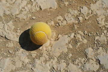 Tennis ball on the ground, closeup of photo with soft focus
