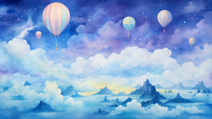 a watercolor background featuring a surreal landscape of floating islands in the sky