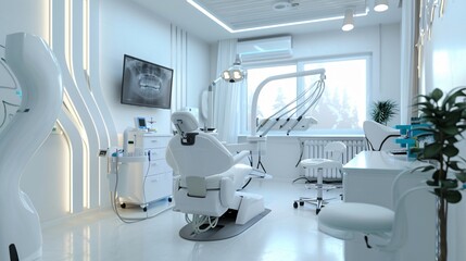 The dental room is decorated in a modern, white style that looks modern. Generative Ai