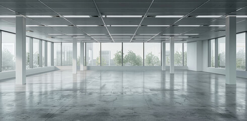 Fototapeta premium Empty, modern building and space for office for interior design, architecture and real estate. Industrial, background and vacant site for workplace, urban planning and construction for business