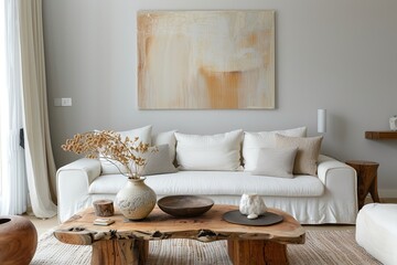 Minimalist interior design of modern living room with white sofa and wooden coffee table near abstract painting on wall