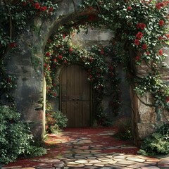 Wooden door in a stone archway surrounded by red roses