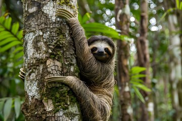 A determined sloth slowly climbs a tall tree in the rainforest its long claws gripping the bark with surprising strength