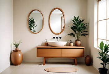 A modern wooden vanity with a large oval mirror, decorative vases, and a potted plant in a minimalist bathroom setting. on the wall are two paintings of Japanese zen art.the visuals are very high qual