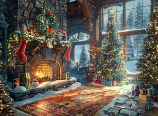 Christmas living room interior with decorated Christmas tree, fireplace and gifts