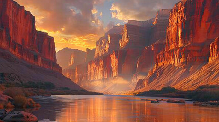 A breathtaking canyon carved by the meandering river, its walls towering overhead in shades of red...