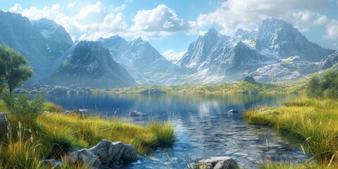 Mountains, lake and meadow