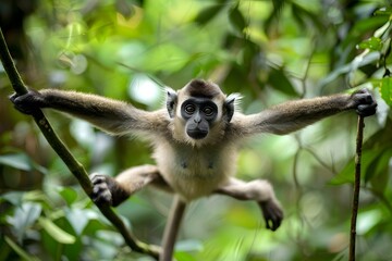 A mischievous monkey swings through a lush greenforest canopy grabbing vines with its long arms and letting out playful screeches