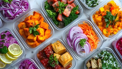 Vibrant image promoting delivery of premade healthy meals in plastic containers. Concept Healthy Meals, Delivery Service, Plastic Containers, Vibrant Image, Food Presentation