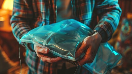A conceptual photo of a person using a Ziploc bag to organize travel essentials, symbolizing practicality and versatility in packing and storage