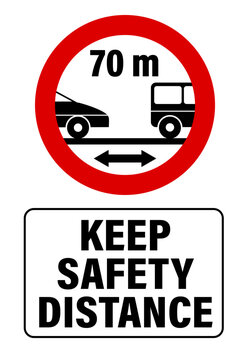 Keep safety distance, 70 meters. Round roadsign with two cars going in the same direction and a both way arrow symbol. Text below.
