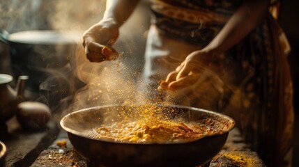 A conceptual photo of a person sprinkling spices onto a simmering pot of curry, symbolizing cultural heritage and diverse culinary traditions