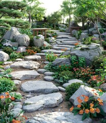 winding stone path through a lush garden