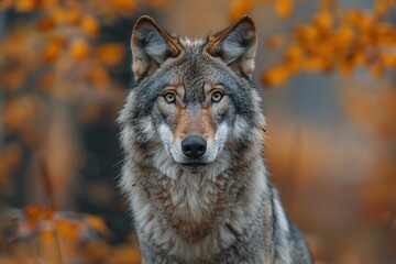 Naklejka na ściany i meble Portrait of a gray wolf in the autumn forest, Close-up