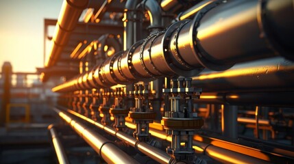 A long pipe with many valves on it. Concept of industrial machinery and the importance of the valves in controlling the flow of liquid through the pipe