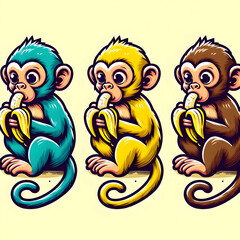 Fototapeta premium cartoon monkey eating banana with style,Stylish Cartoon Monkey Enjoying a Banana.