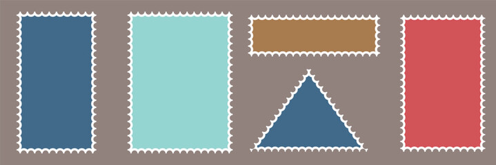 Blank postage stamps vector set isolated. Mark mail letter stamps design. Postal frame sticker