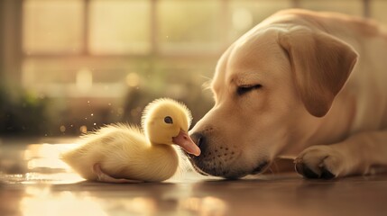 duck is touching with it's beak a dog's nose, on the floor, dog laying