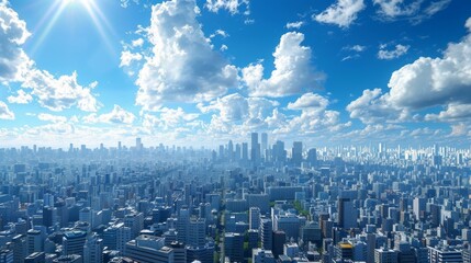 Blue sky and white clouds over a large city