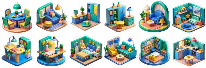 Colorful Isometric 3D Interior Rooms Designs Collection