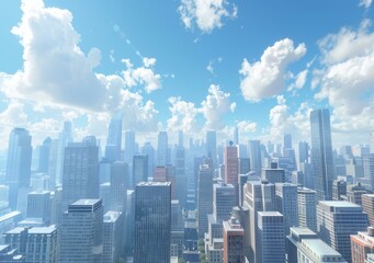 A cityscape image of a large American city with skyscrapers and a blue sky