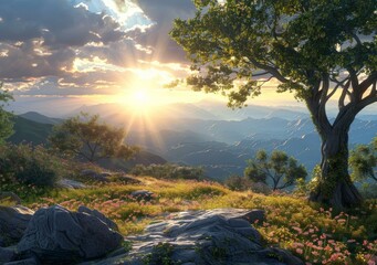 fantasy landscape with mountains and flowers