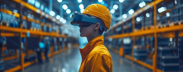 A woman wearing a yellow jacket and a yellow helmet stands in a large warehouse. She is wearing a virtual reality headset and she is looking at something on a computer screen