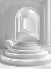 White minimalist architectural space with podium and curved staircase
