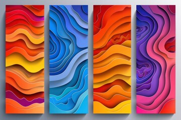 Set of four abstract backgrounds with wavy patterns in blue, orange, red and purple colors.