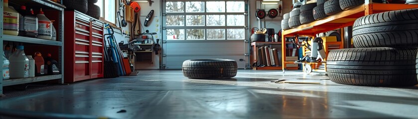 A garage with a tire on the floor and a lot of tools