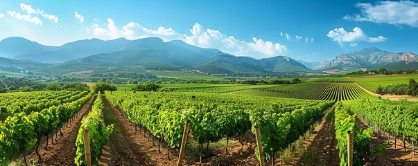 A beautiful landscape with a large vineyard in the foreground. The vineyard is lush and green, with...