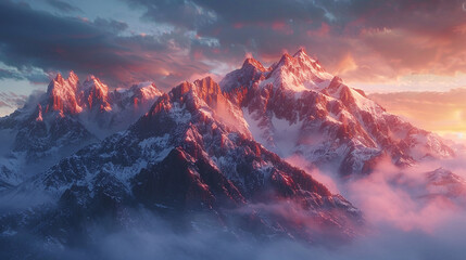 A panoramic vista of rugged mountain peaks, dusted with snow and bathed in the warm glow of...