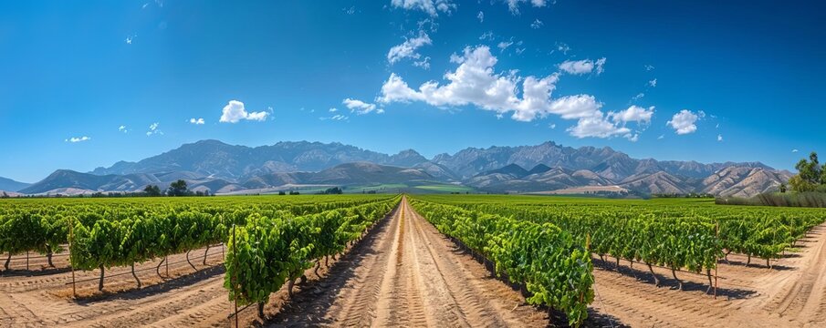 A long road runs through a vineyard with a beautiful view of the mountains in the background. The road is lined with grape vines and the sky is clear and blue