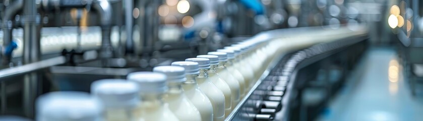 A line of milk bottles are being made in a factory. The bottles are white and have a clear plastic cap. The factory is likely a dairy plant