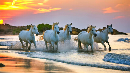 Chevaux blancs en liberté galopant dans la mer.