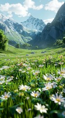 Fototapeta premium Field of flowers with snow-capped mountains in the distance