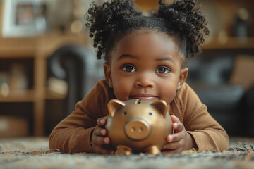Portrait of little african american girl embracing her gold piggy bank while lying down on the floor looking at camera smiling - Powered by Adobe