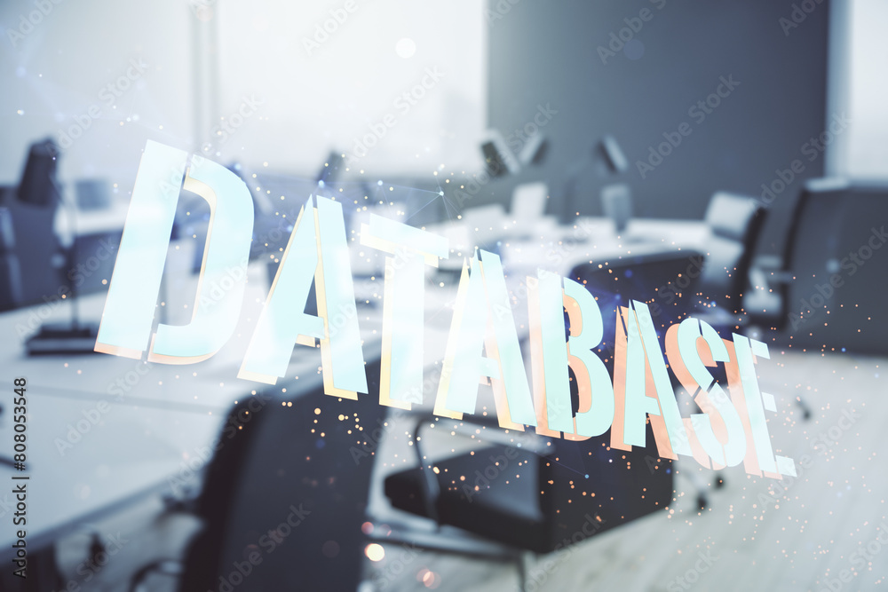 Poster double exposure of database word sign on a modern furnished office background, global research and a