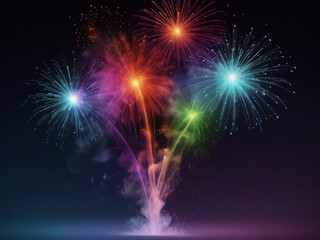 Naklejka premium Colorful vibrant glittering fireworks Background with glow smoke and confetti banner ai generative