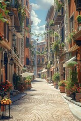 Charming European street with colorful flowers and hanging plants