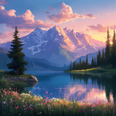 Obraz premium Dawn’s Tranquil Reflection: Mountains, Lake, and Blooms