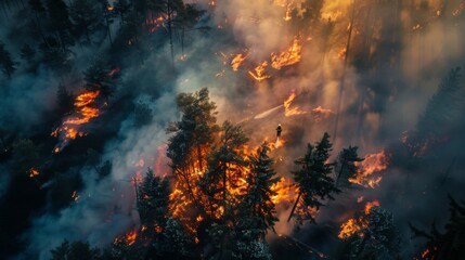 Aerial view of firefighters working to contain a raging forest fire, aerial firefighting