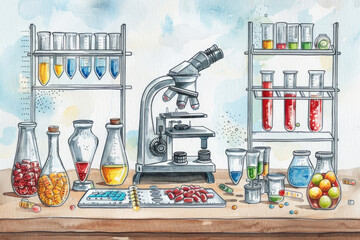 A realistic illustration of a science laboratory setup featuring a prominent microscope for scientific research and experimentation